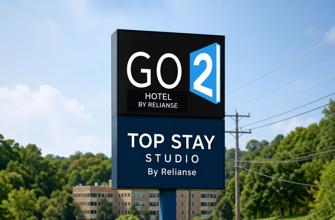 Letrero para GO 2 Hotel by Reliance, indicando que es un estudio ideal para hospedarse.