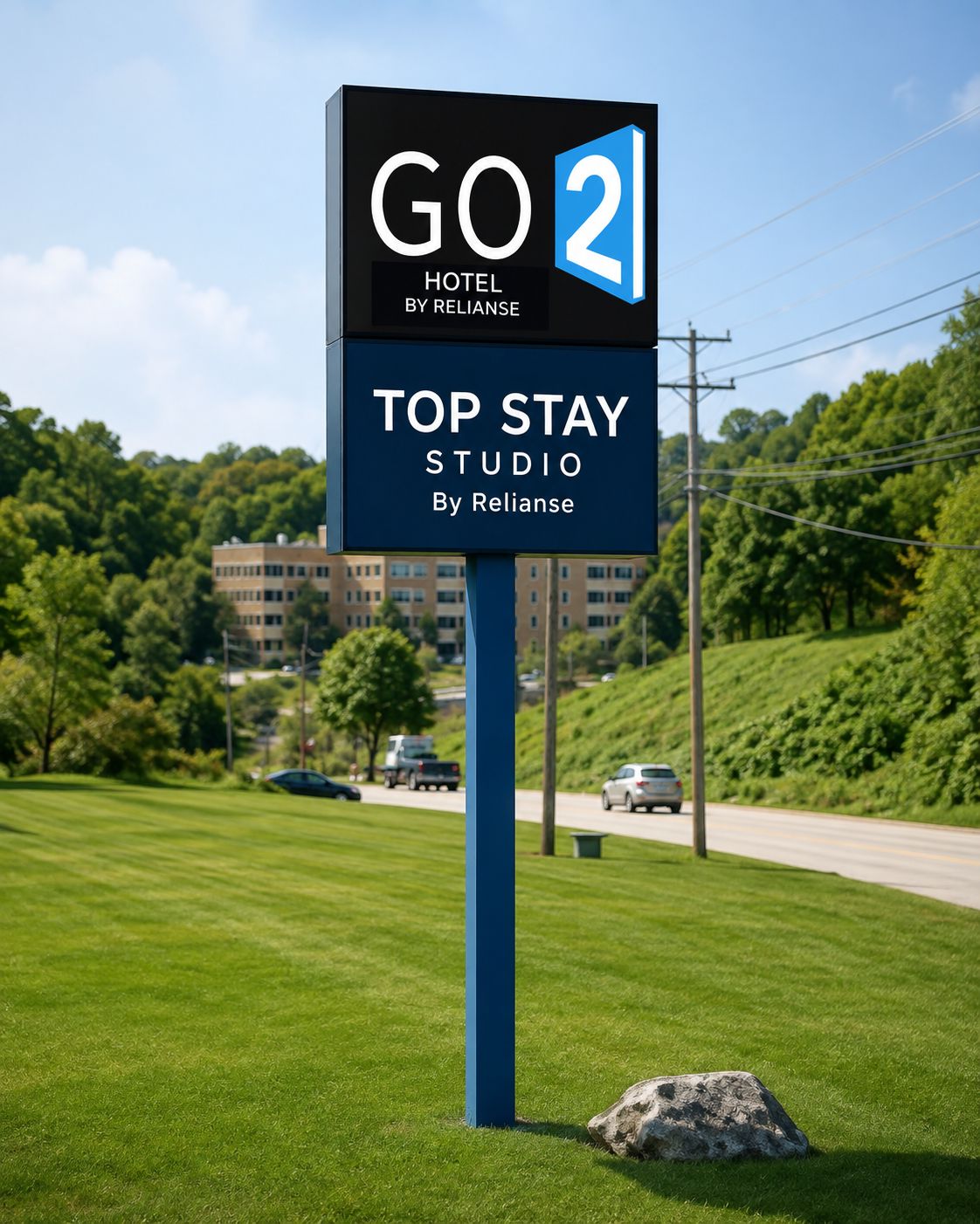 Señal de GO 2 Hotel by Reliance, que indica un estudio de estadía destacada.