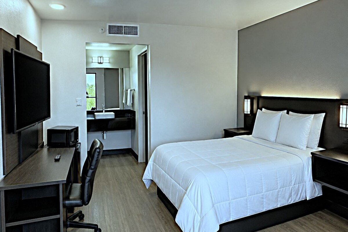 Une chambre d’hôtel avec un lit, un bureau et une chaise, un téléviseur et une salle de bain visible à travers une porte ouverte.