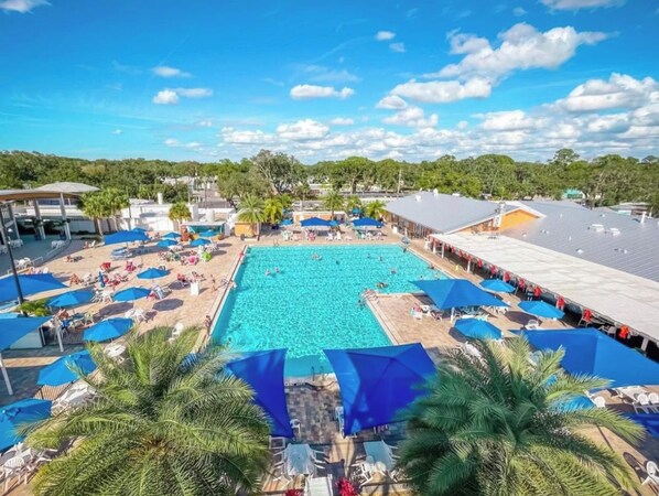 Uma grande piscina cercada por espreguiçadeiras e guarda-sóis, com vista para uma área residencial ao fundo.