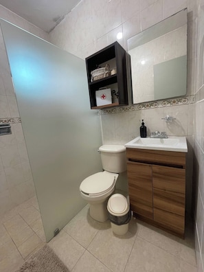 Een badkamer met een toilet, een wastafel, een spiegel en een kast.