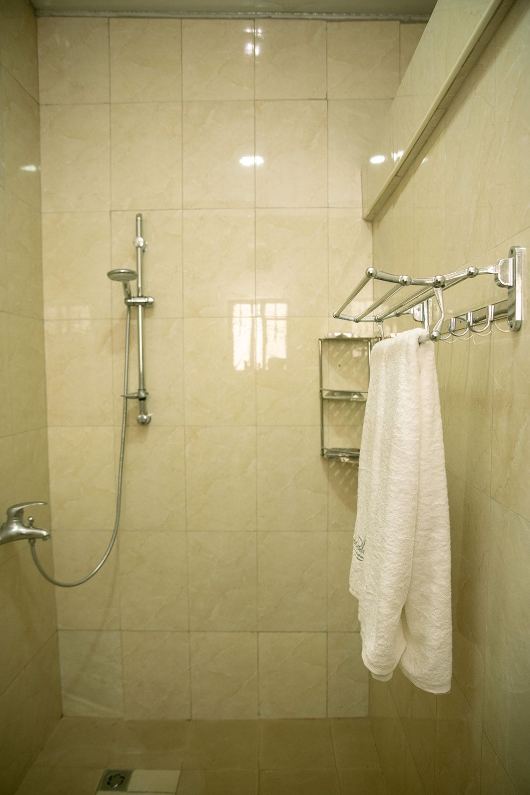 A shower with a handheld showerhead and a towel rack with a white towel.