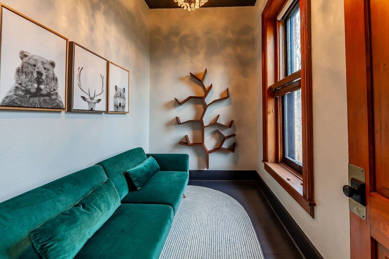 Une pièce avec un canapé vert, une sculpture d’arbre fixée au mur et des tableaux représentant des animaux.