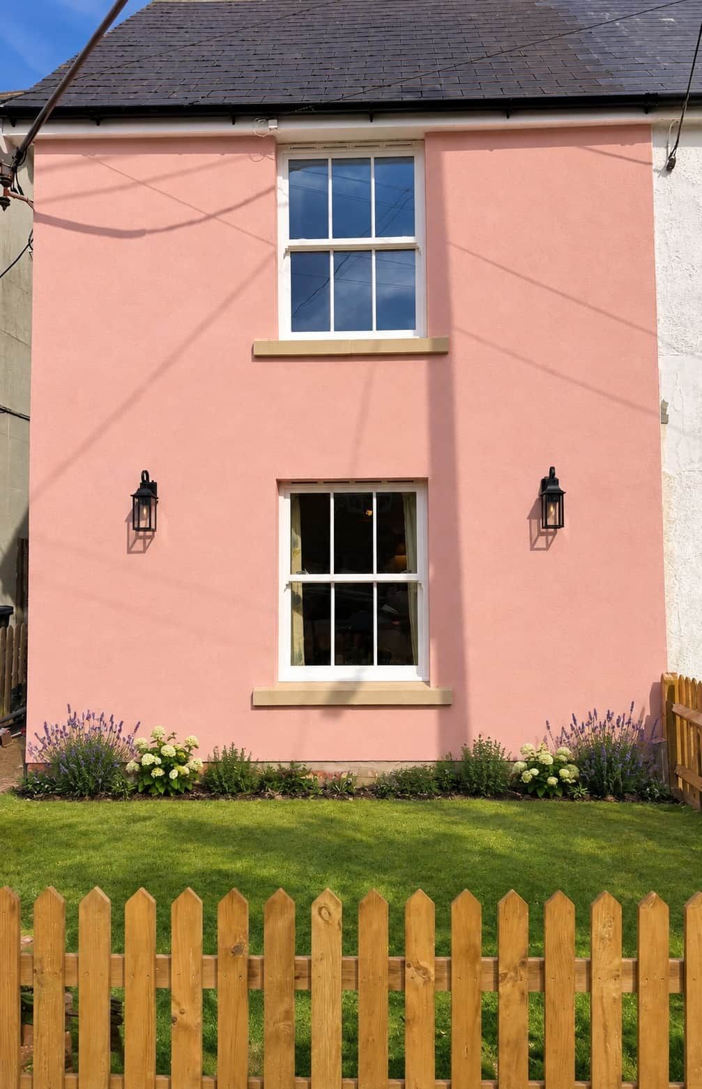 Et pink hus med to vinduer, et træhegn og en velholdt græsplæne.
