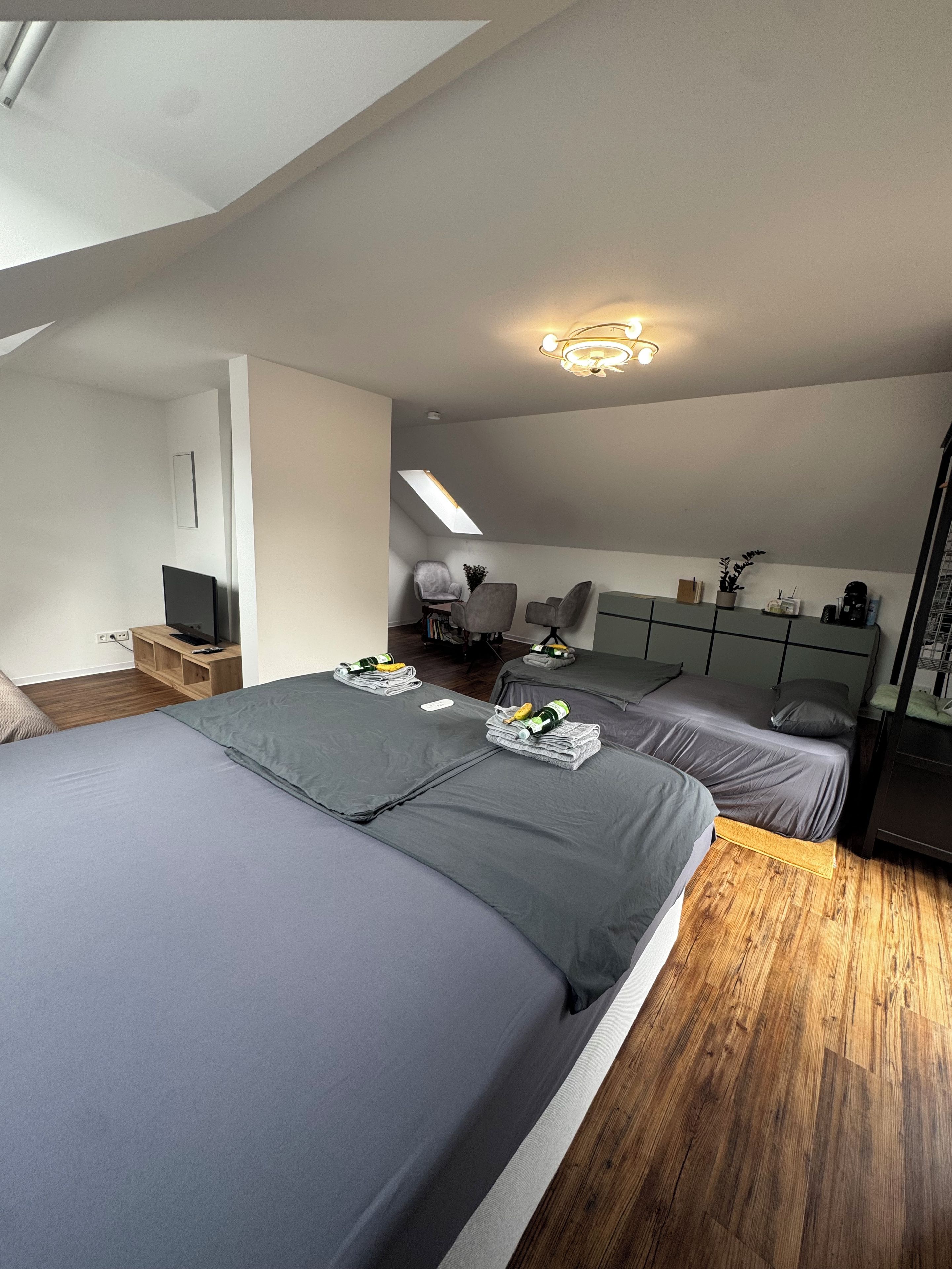 Een moderne slaapkamer met twee bedden, een dakraam, een bureau en een stoel.