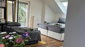 A modern bedroom with a skylight, a bed, a sofa, and a wooden floor.