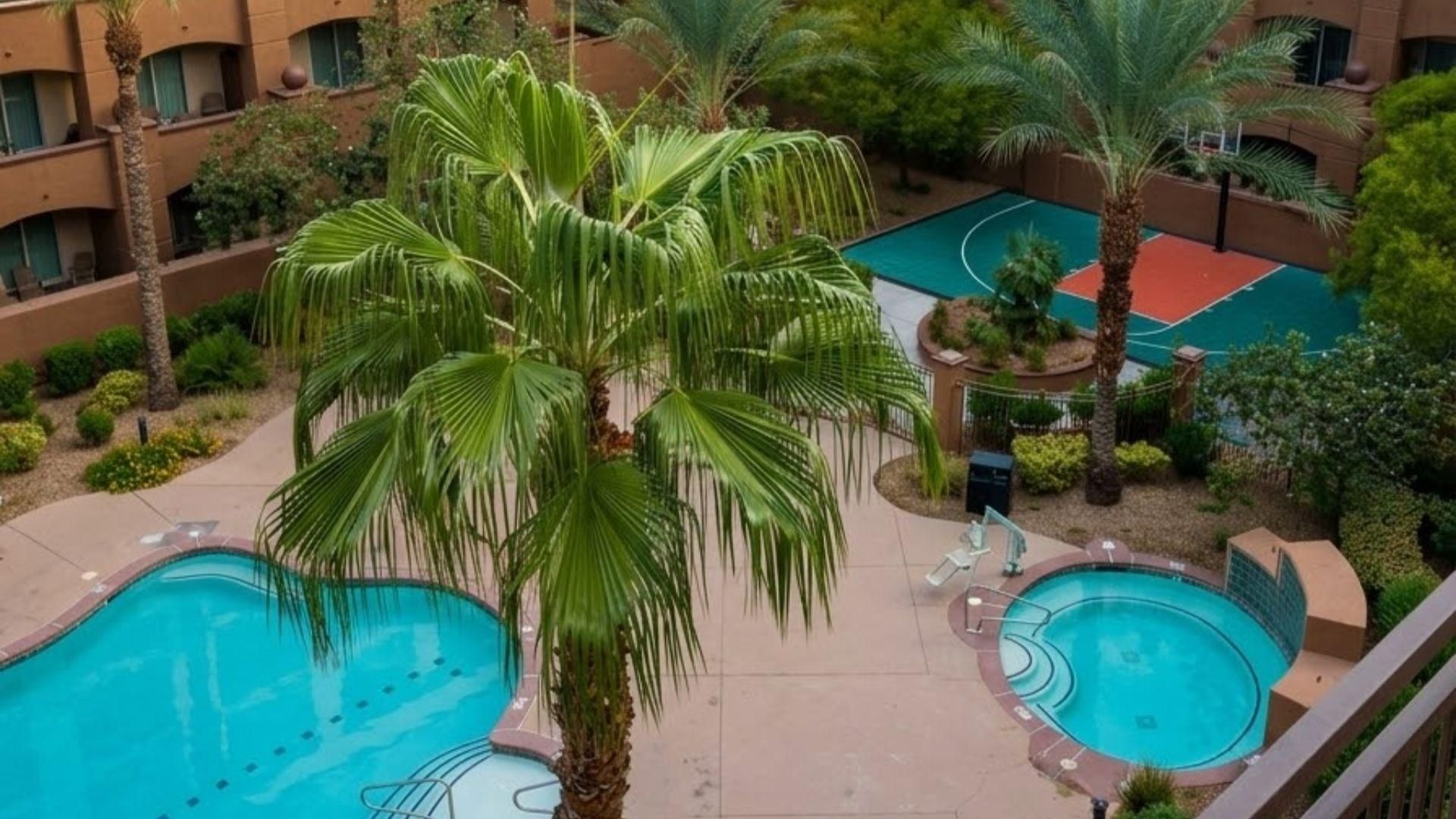 A hotel with a pool area, palm trees, and a basketball court.