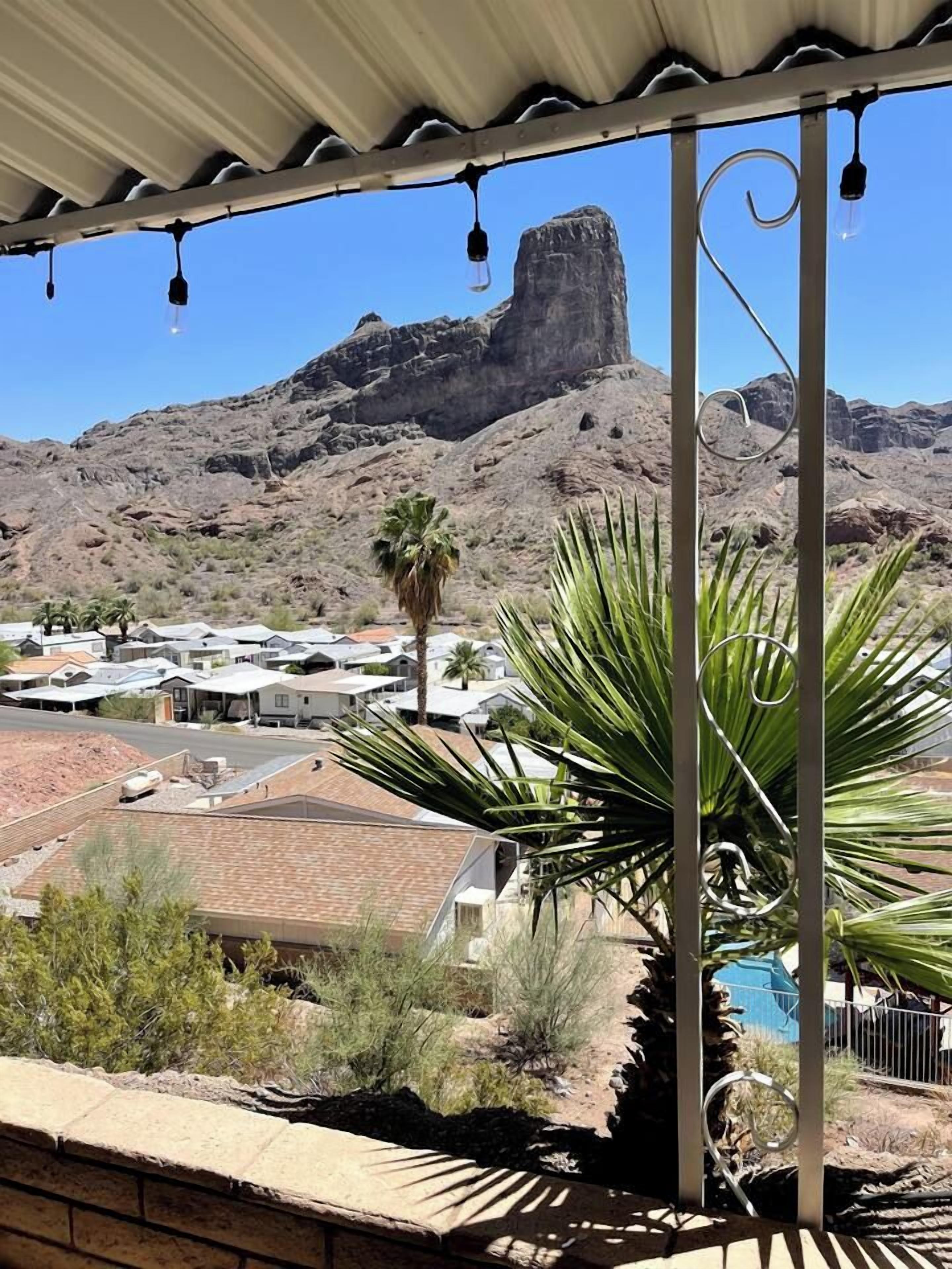 A residential area with houses, a palm tree, and a mountain in the background.