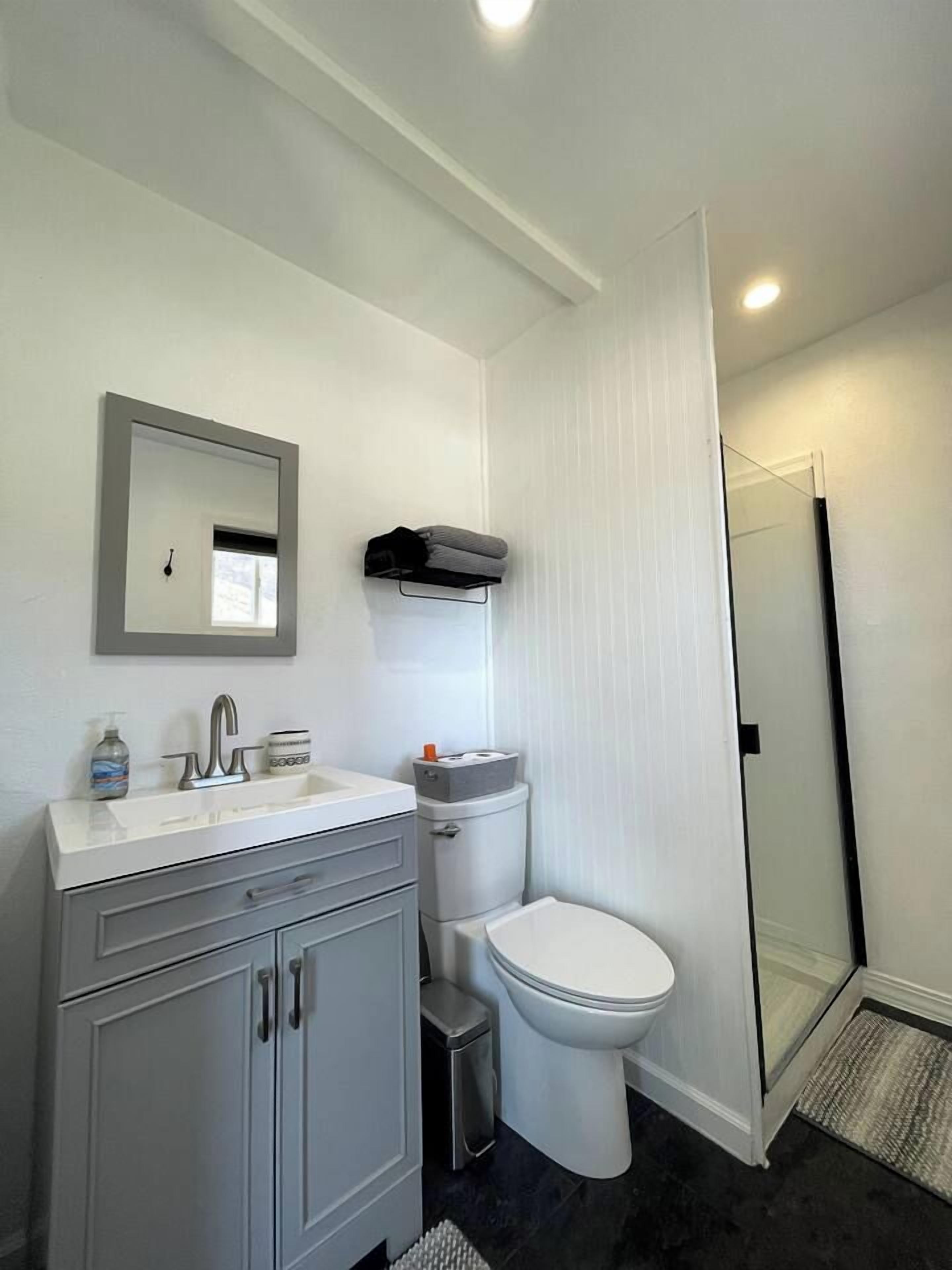 Een badkamer met een wit wastafelmeubel, toilet en douche.