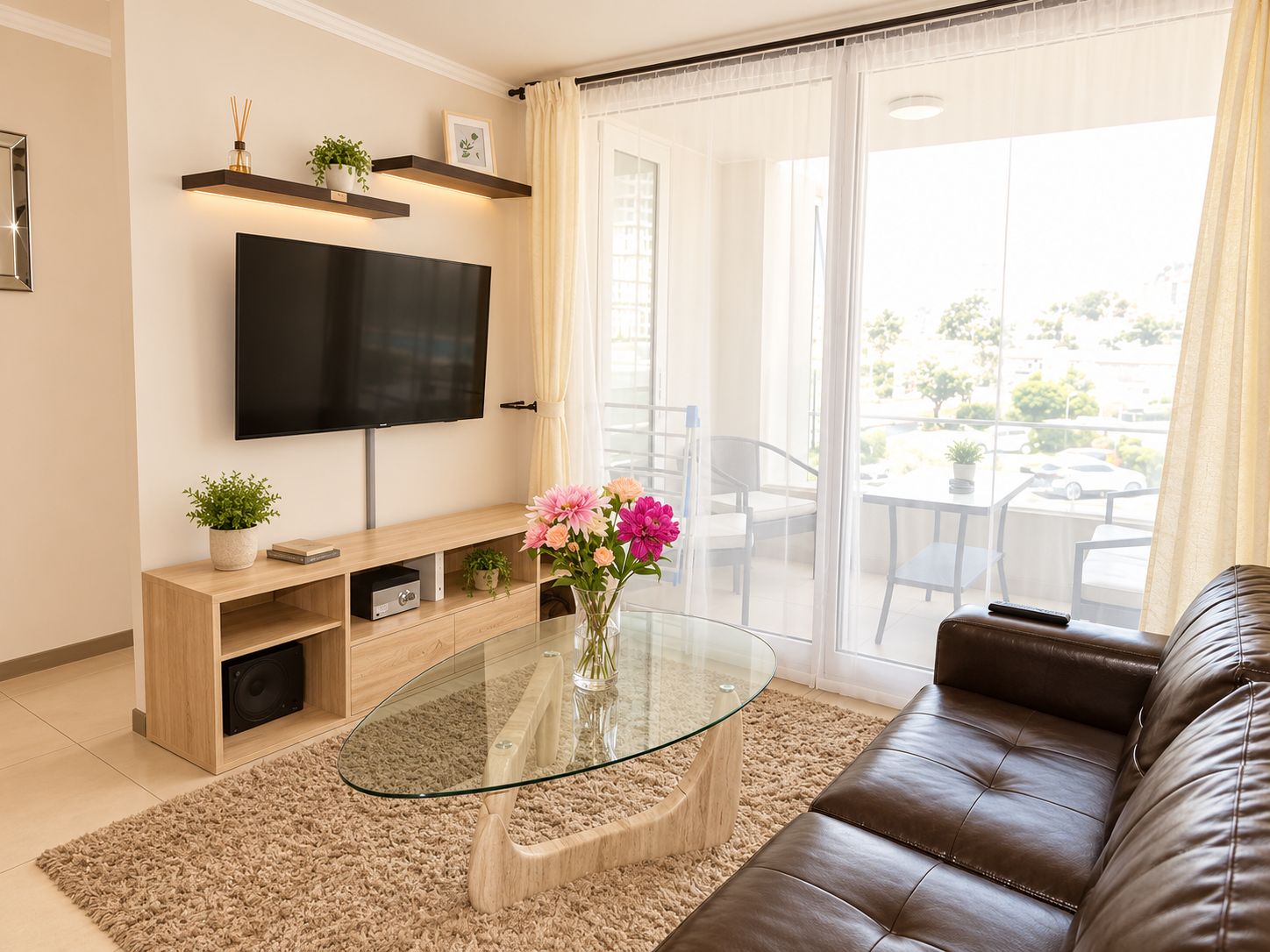 Un salon moderne doté d’un téléviseur à écran plat, d’une table basse en verre, d’un canapé en cuir et offrant une vue sur l’extérieur grâce à de grandes portes coulissantes.