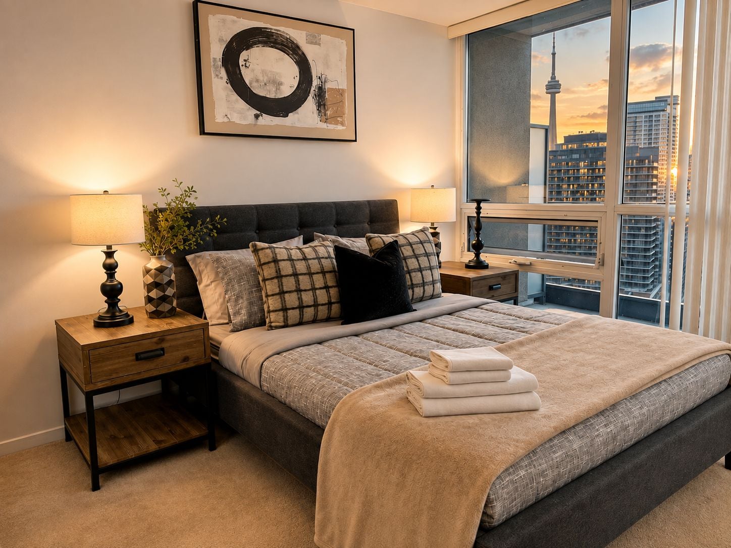 A modern bedroom with a large bed, two bedside tables, a view of a cityscape, and a framed artwork on the wall.