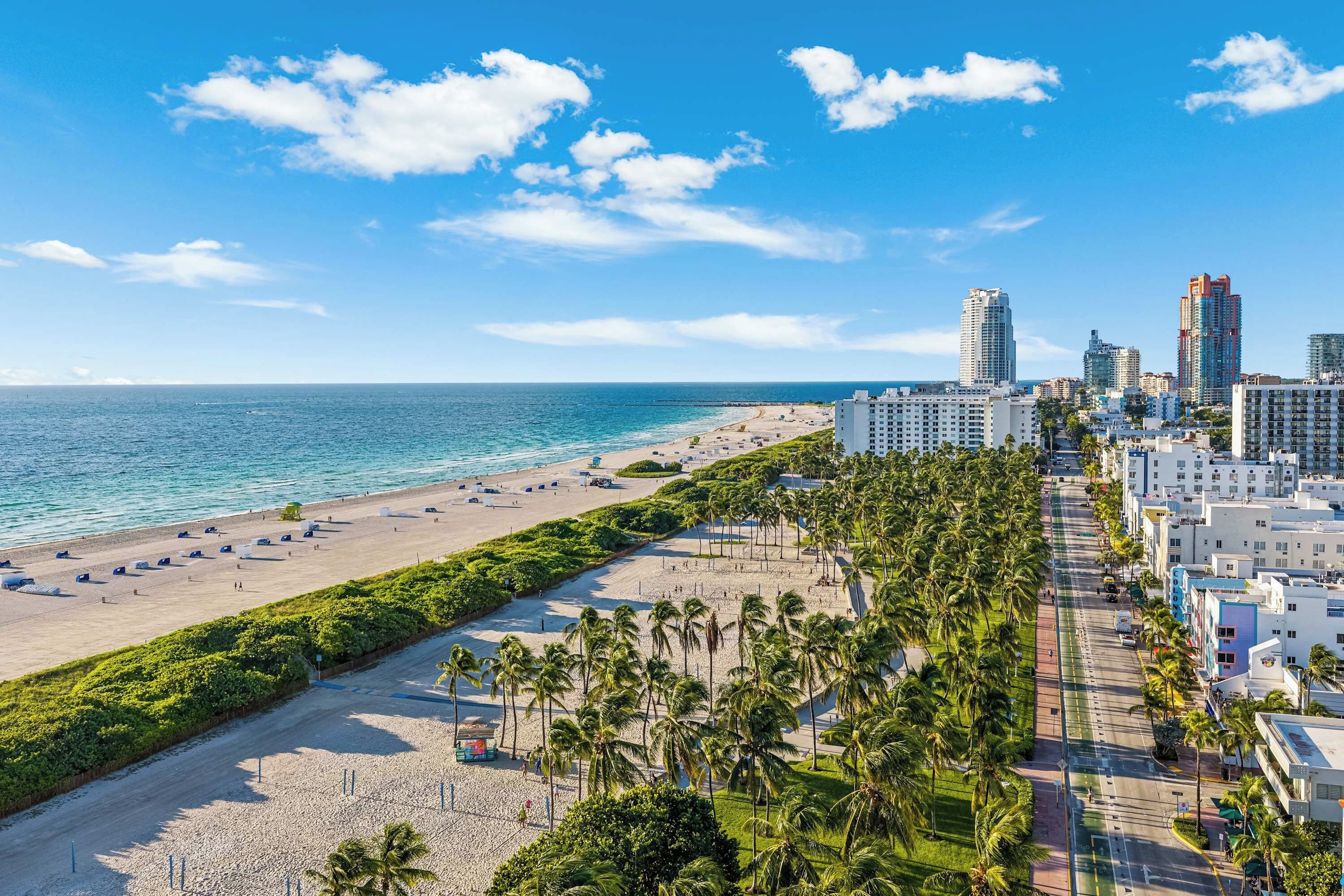 Un paisaje urbano costero con playa, palmeras y edificios altos.