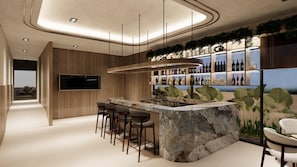 Una zona de bar moderna con una encimera de mármol, taburetes y una vitrina para vinos.