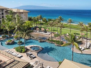 Un resort con un amplio área de piscina, palmeras y vista al océano.