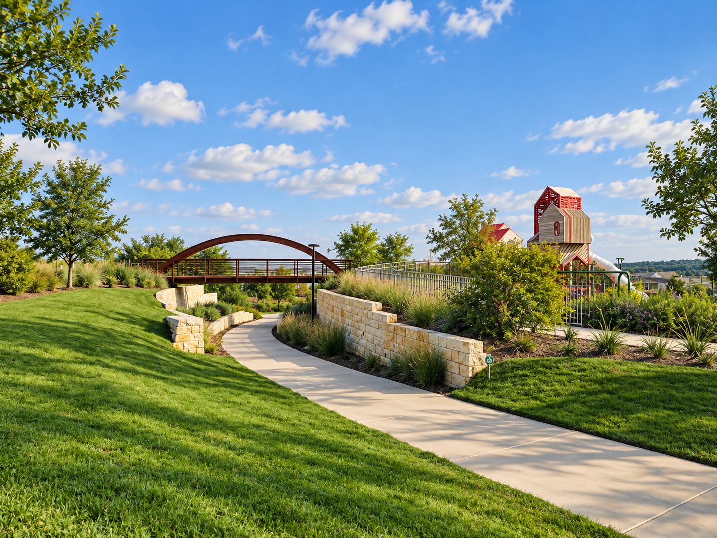 A park with a curved pathway, a red metal bridge, and a building with a red roof.