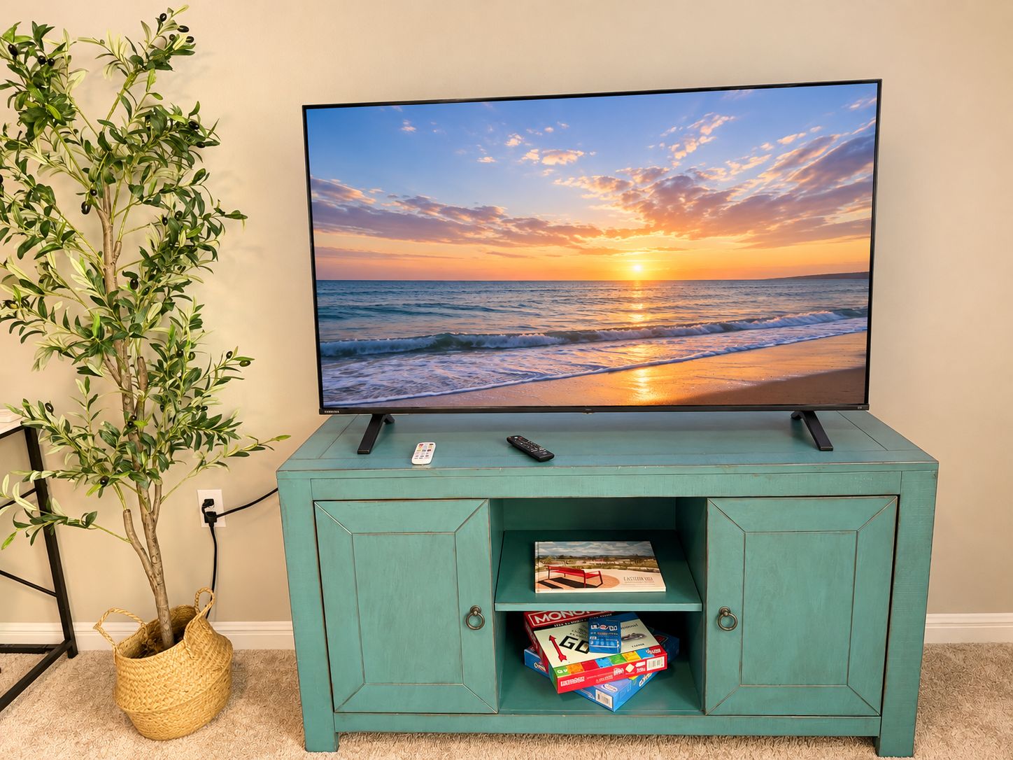 A television on a teal cabinet with a remote control, a plant, and board games.