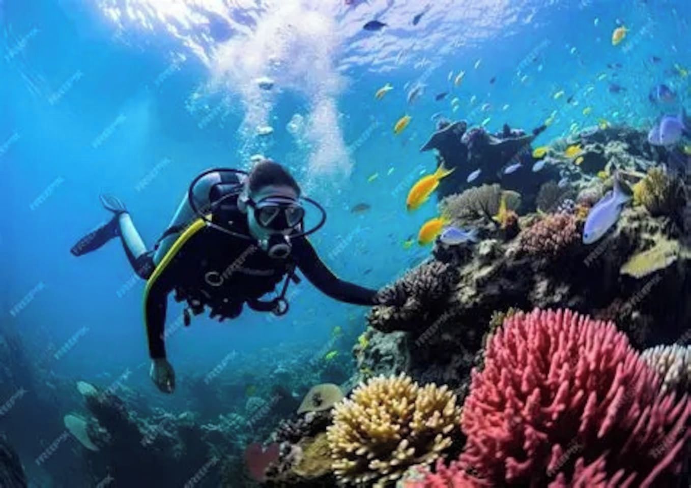 Ein Taucher unter Wasser, umgeben von Korallen und Fischen.