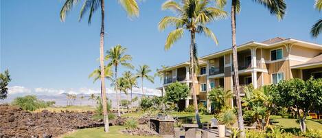 A hotel with a pool, palm trees, and a view of a mountain range.