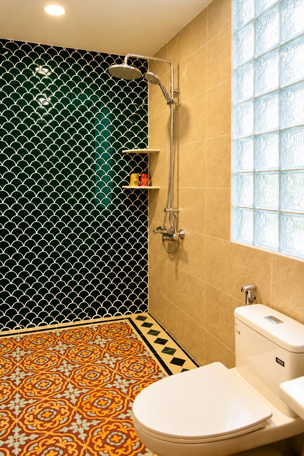 Casa de banho com chuveiro, sanita e pavimento em azulejos estampados.