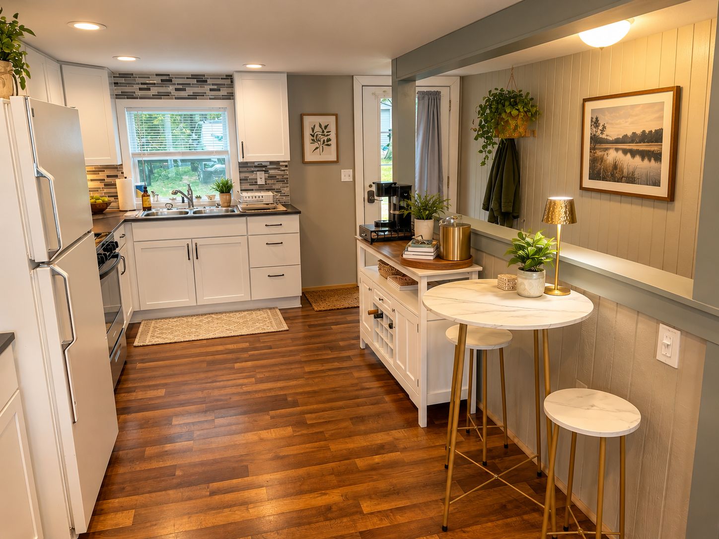 Une cuisine moderne avec des meubles blancs, un plancher en bois et un coin repas comprenant une table ronde et des tabourets.