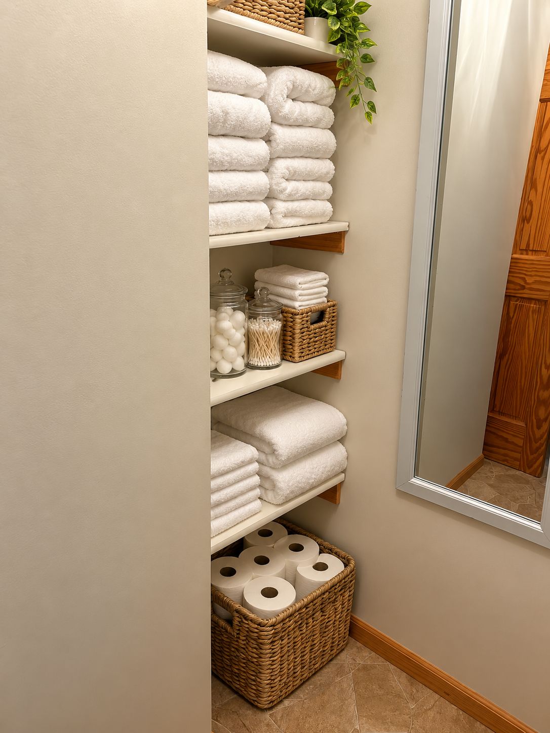 Une salle de bain avec un porte-serviettes blanc, un miroir et une porte en bois.