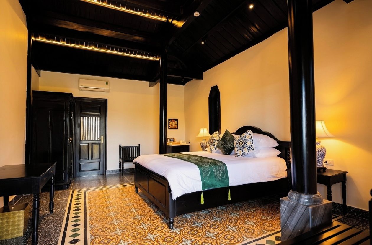 A hotel room with a four-poster bed, a patterned floor, a dark wooden ceiling, and a black chair.