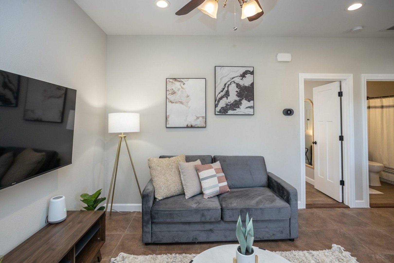 A modern living room with a grey sofa, a flat-screen TV, a floor lamp, and two abstract wall art pieces.
