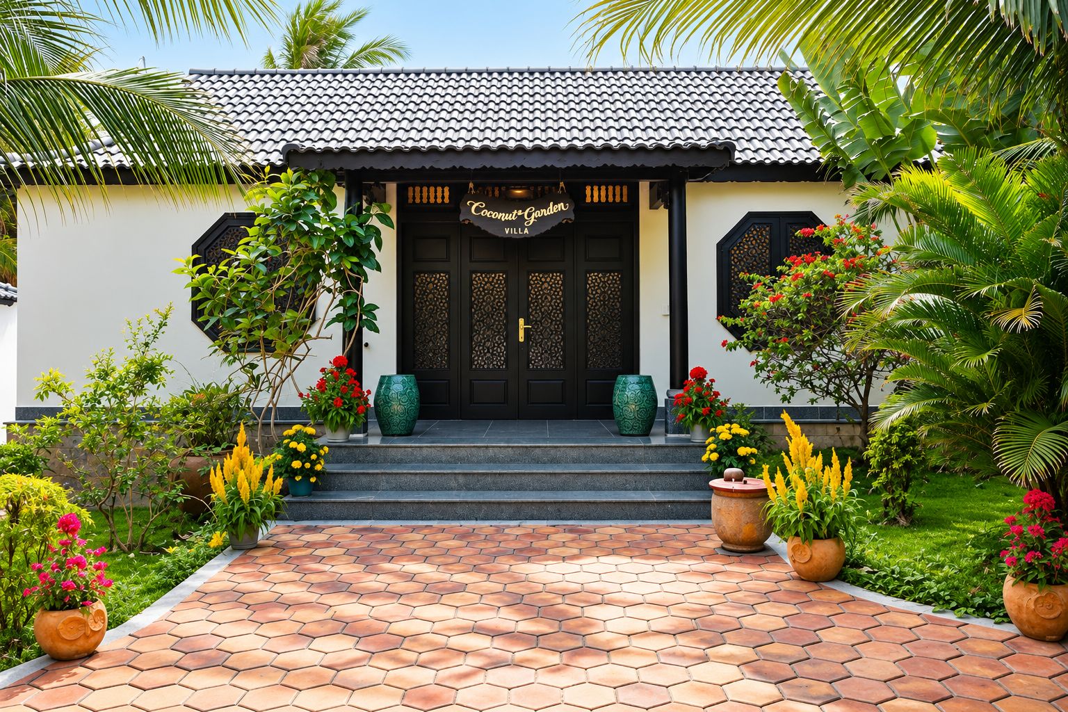 Villa, jossa on tiilikatto, mustat ovet ja kyltti, jossa lukee: ”Coconut Garden Villa”.
