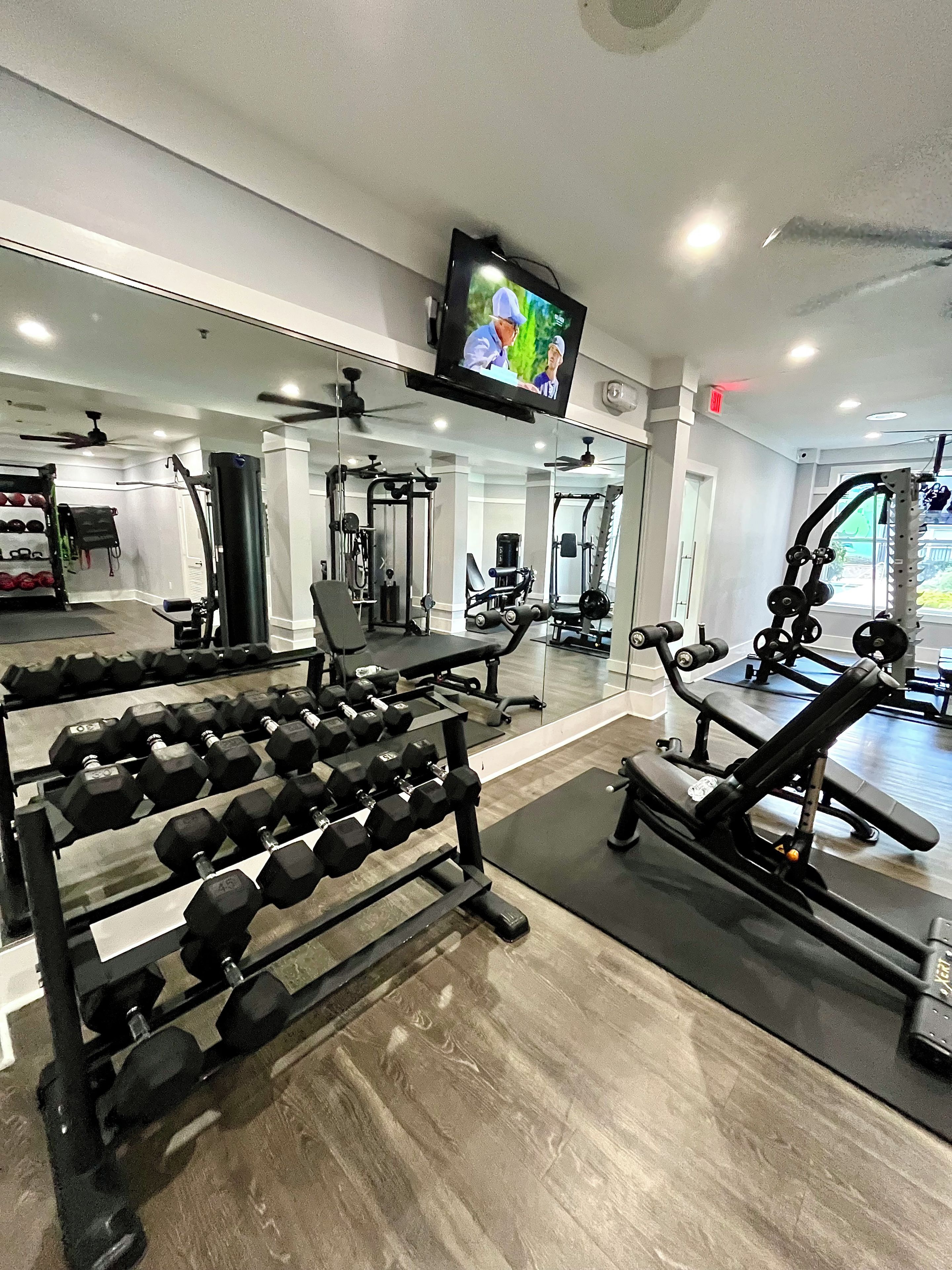 A gym with various exercise equipment, including dumbbells and weight machines.