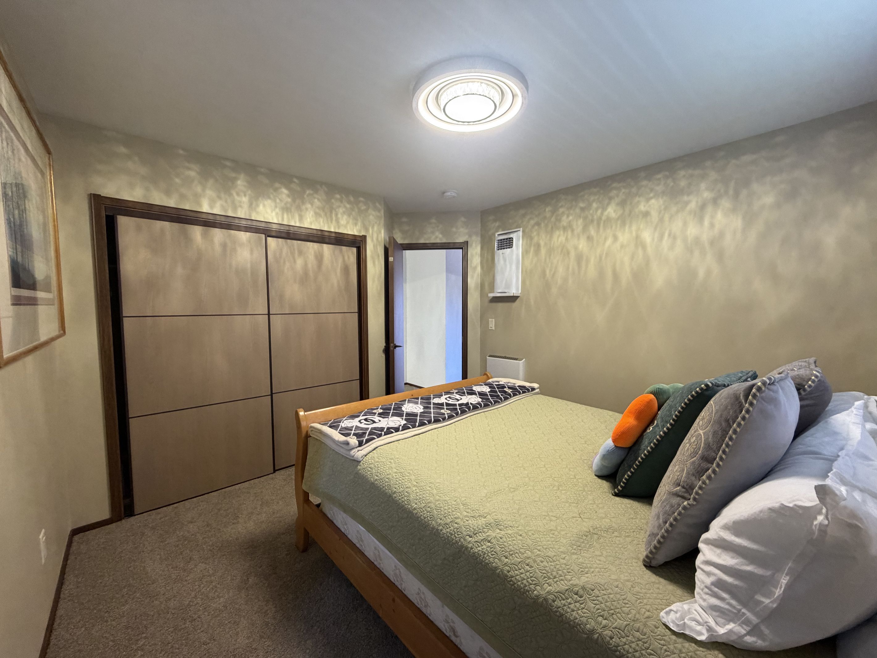 A bedroom with a bed, a wardrobe, and a ceiling light.