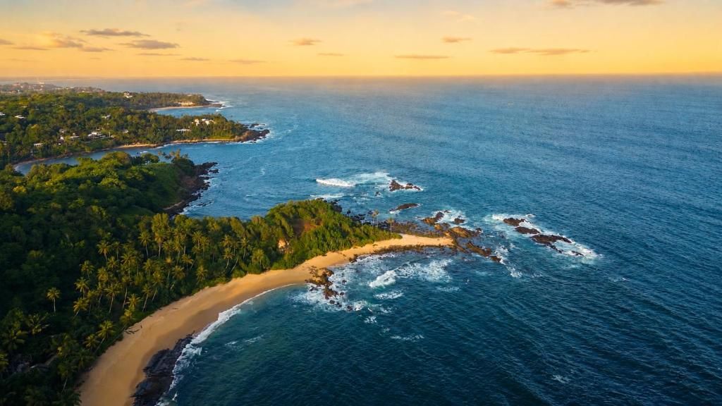 An aerial view of a coastal area with a beach, dense vegetation, and rocky outcrops.