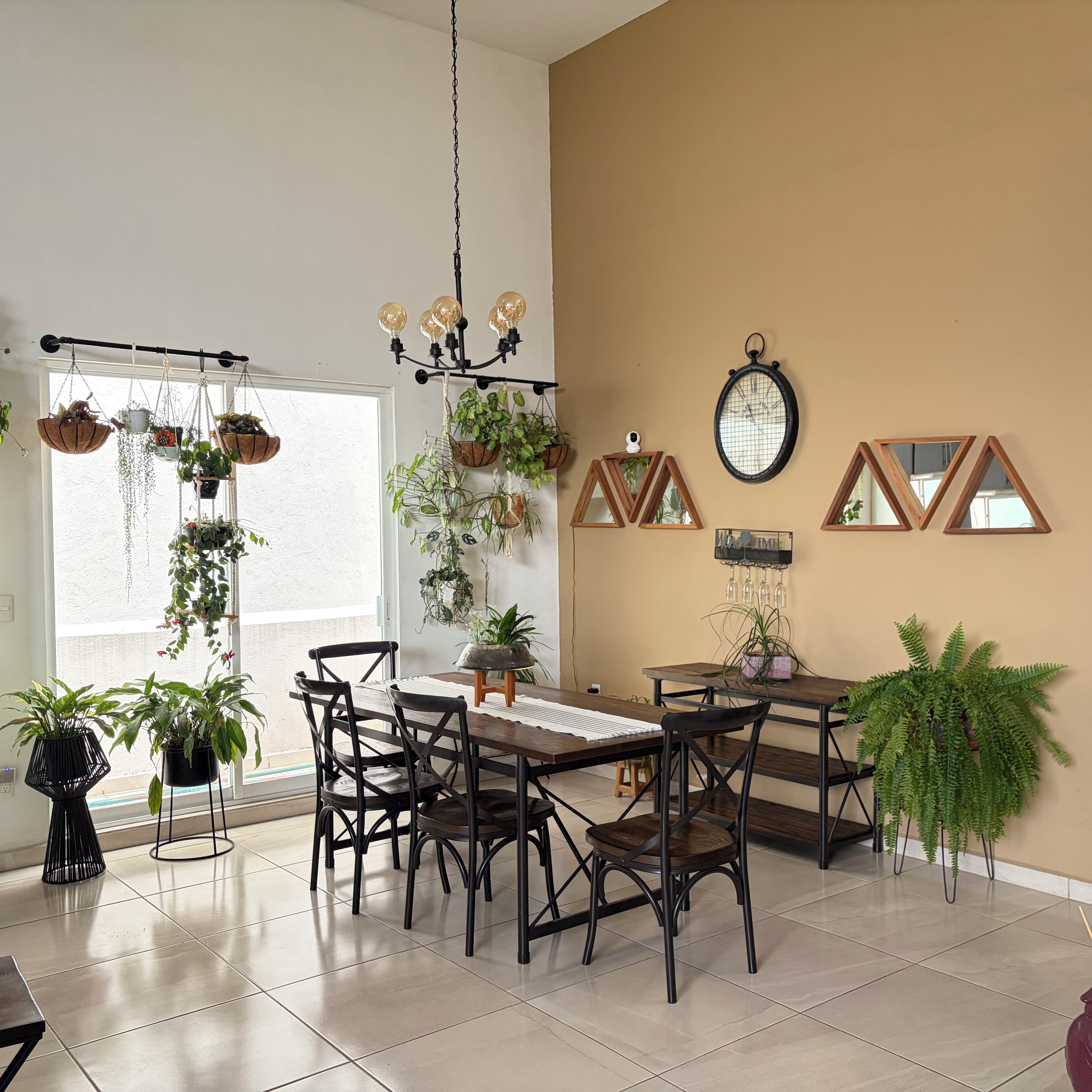 Un espace repas comprenant une table en bois, des chaises noires, des plantes suspendues, un lustre et des miroirs fixés au mur.