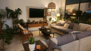 Sala de estar con sofá, sillón, mesa de centro y televisor. Hay varias plantas en macetas y una lámpara.