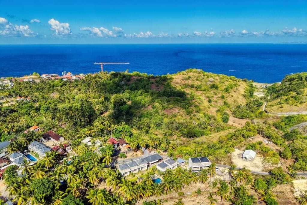 A coastal area with houses, a dock, and a clear view of the ocean.