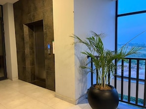 Decoração moderna com uma planta grande em vaso, um elevador de vidro e vista pela janela.