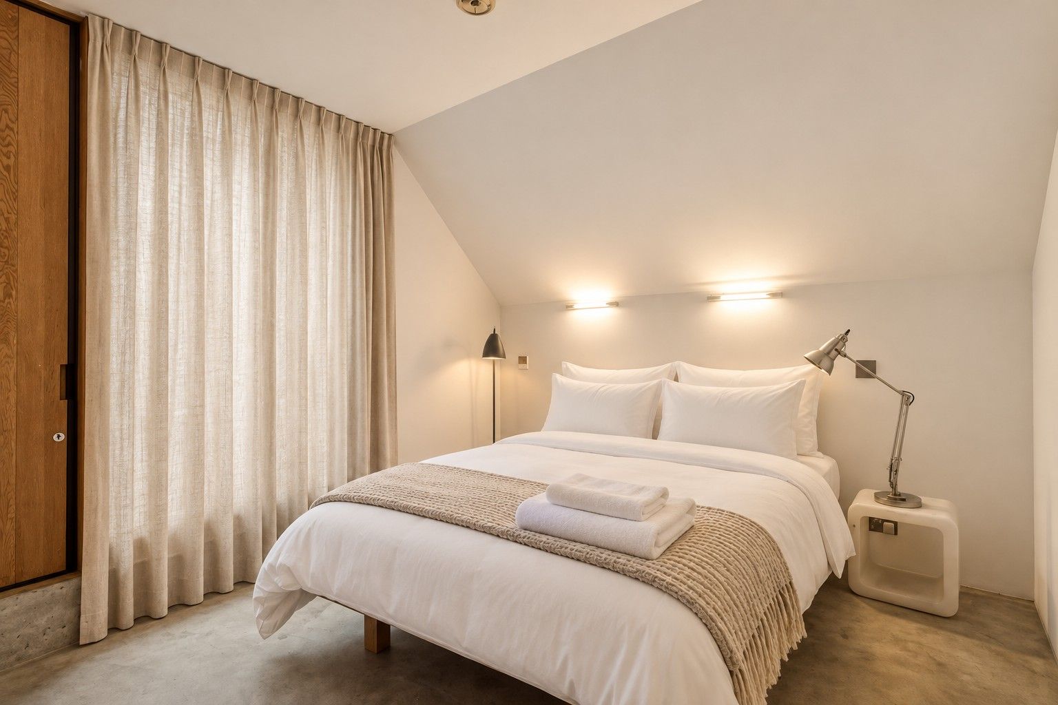 Una camera da letto con un letto, lampade da comodino e un'ampia finestra con tende.