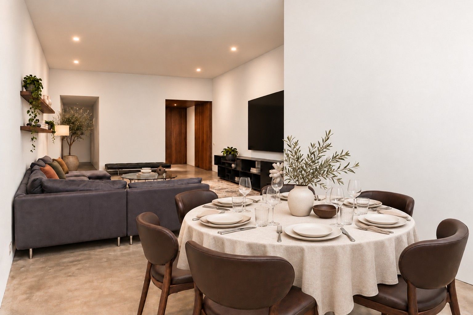 Zona pranzo moderna con tavolo rotondo apparecchiato per sei persone, circondato da sei sedie.