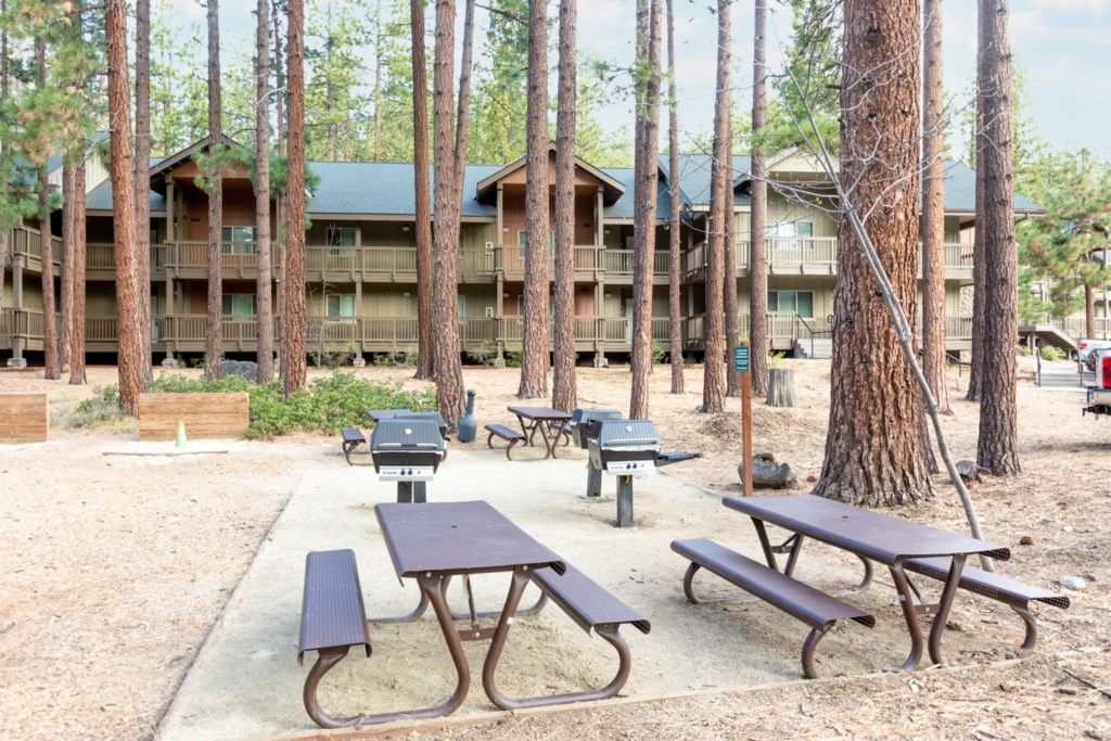 A lodge with multiple floors, outdoor barbecue grills, and picnic tables in a wooded area.