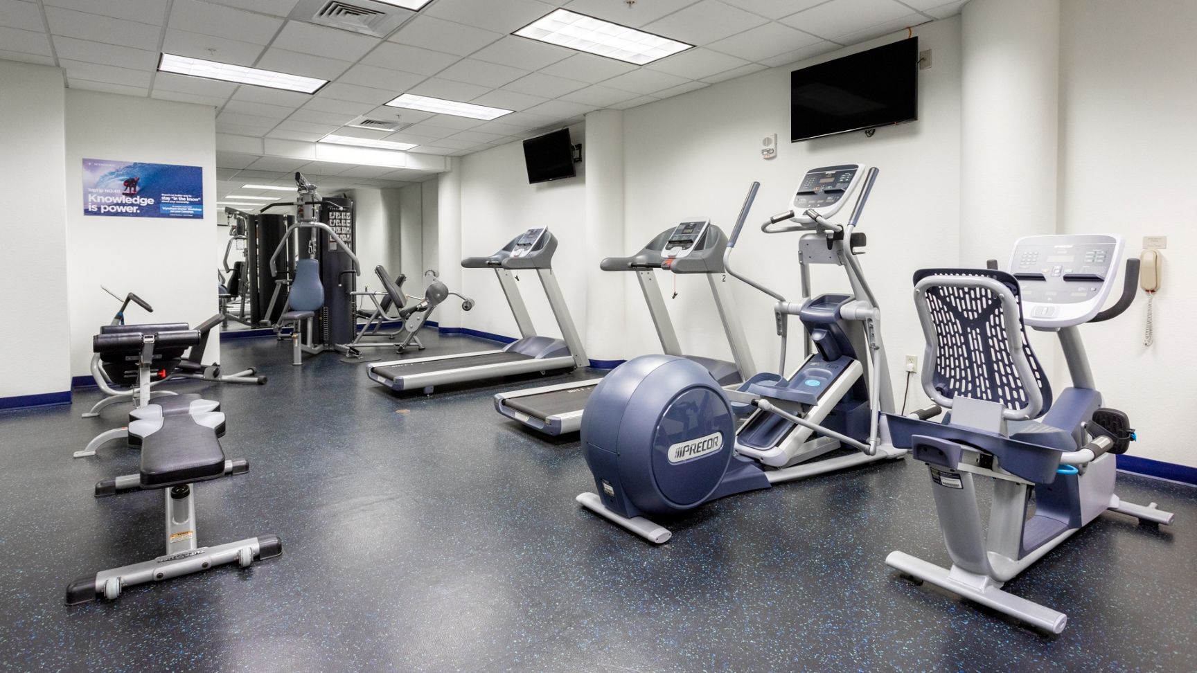 A gym with treadmills, elliptical machines, and weight benches.