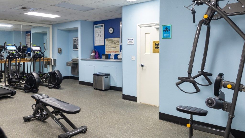 A gym with treadmills, a bench press, and weight machines.