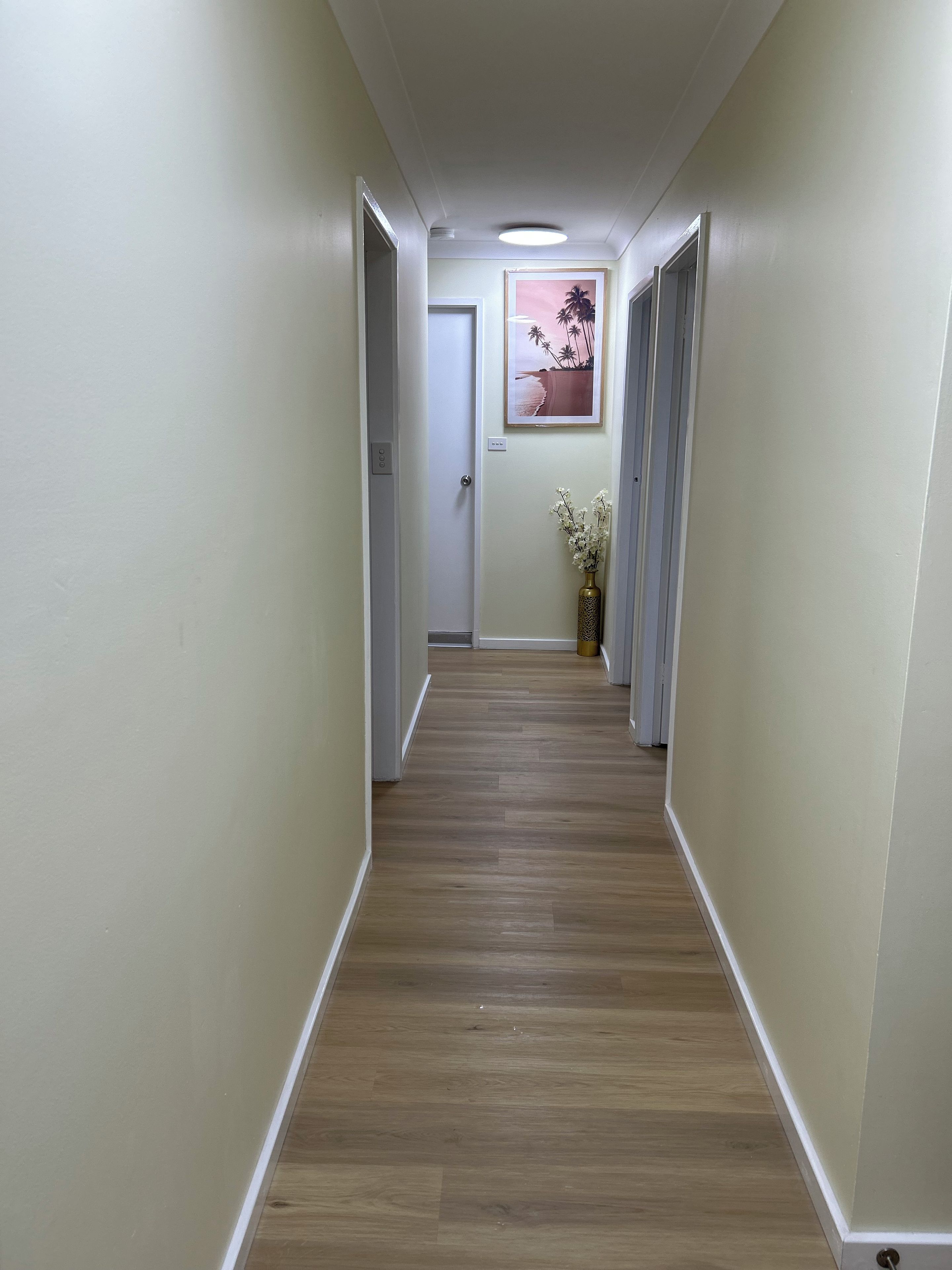 Un pasillo con suelo de madera, paredes blancas y una puerta al final.