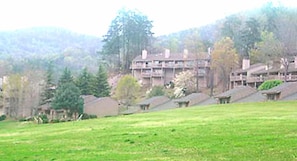 A multi-story building with a flat roof, surrounded by trees and a grassy field. - Lake Lure | Family Mountain Retreat | Pool + Tennis | 2BR (Lake Lure)