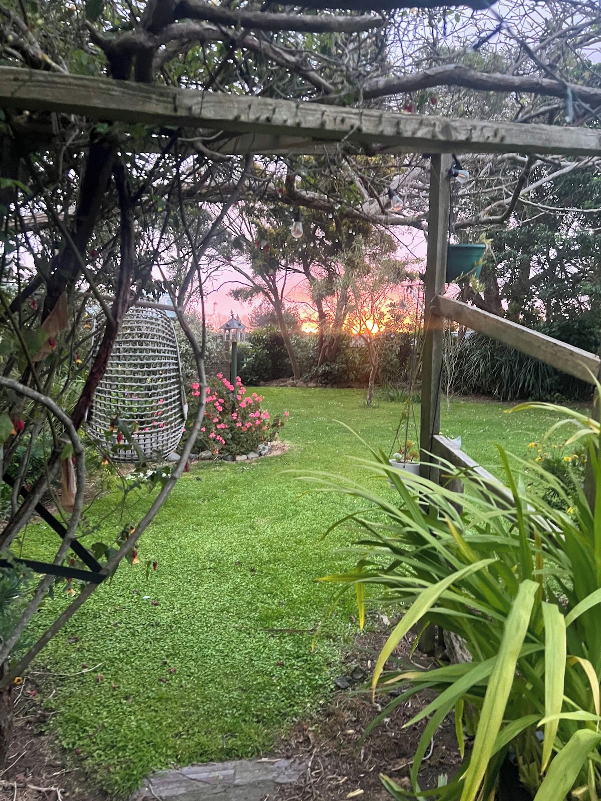Un jardín con un porche de madera, un comedero colgante para pájaros y un pequeño estanque.