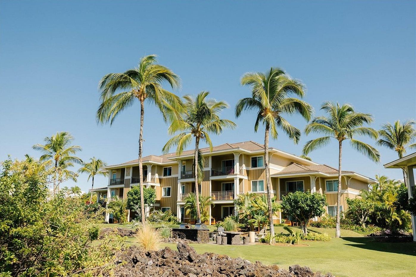 A multi-story hotel with balconies, surrounded by palm trees and a well-maintained lawn.