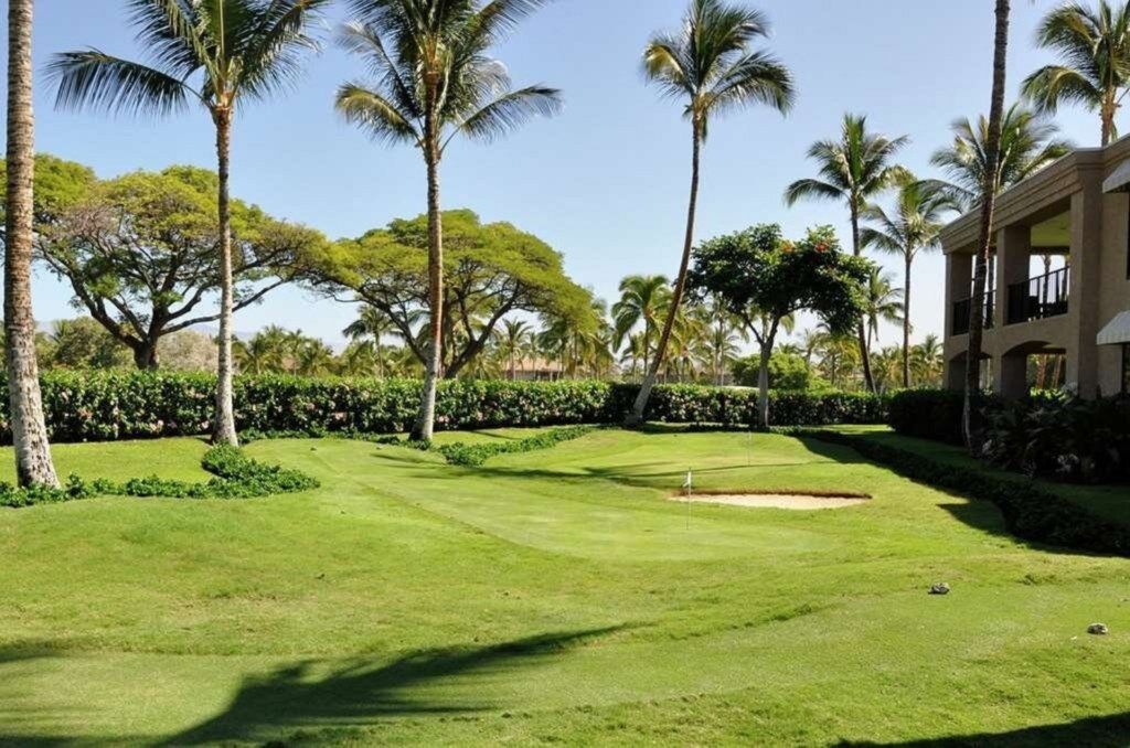 A well-maintained golf course with a clear fairway, sand bunkers, and palm trees.