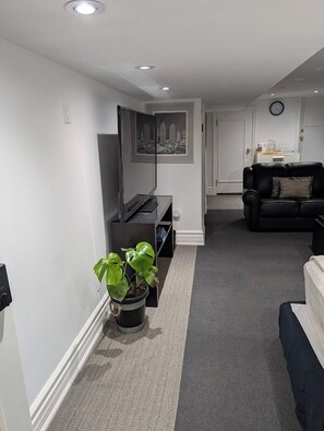 A modern living room with a flat-screen TV, a black leather sofa, a coffee table, and a potted plant. - King Size In-Suite Basement (Toronto)