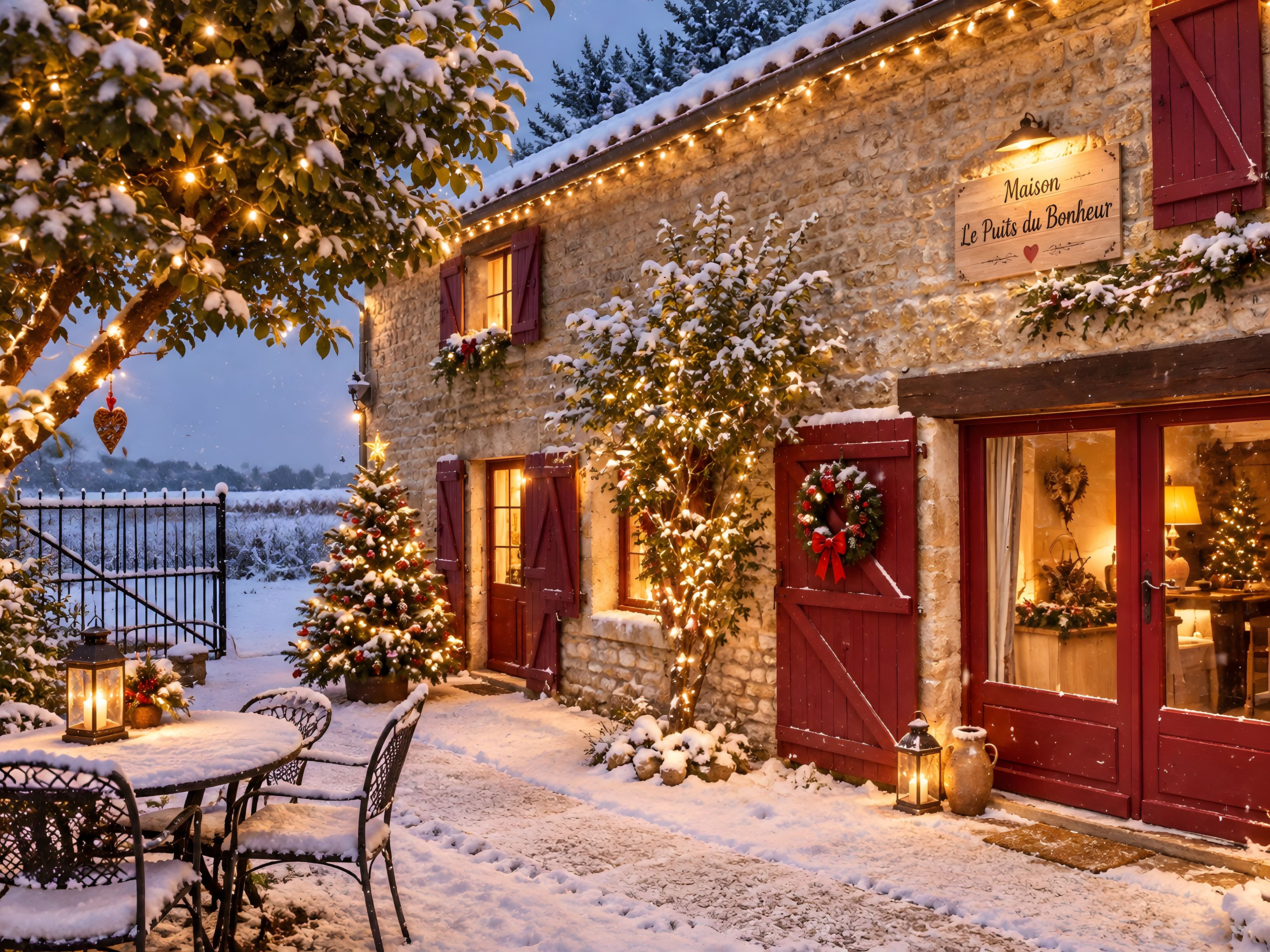 Un espace extérieur enneigé avec un bâtiment en pierre, des volets rouges et un sapin de Noël.