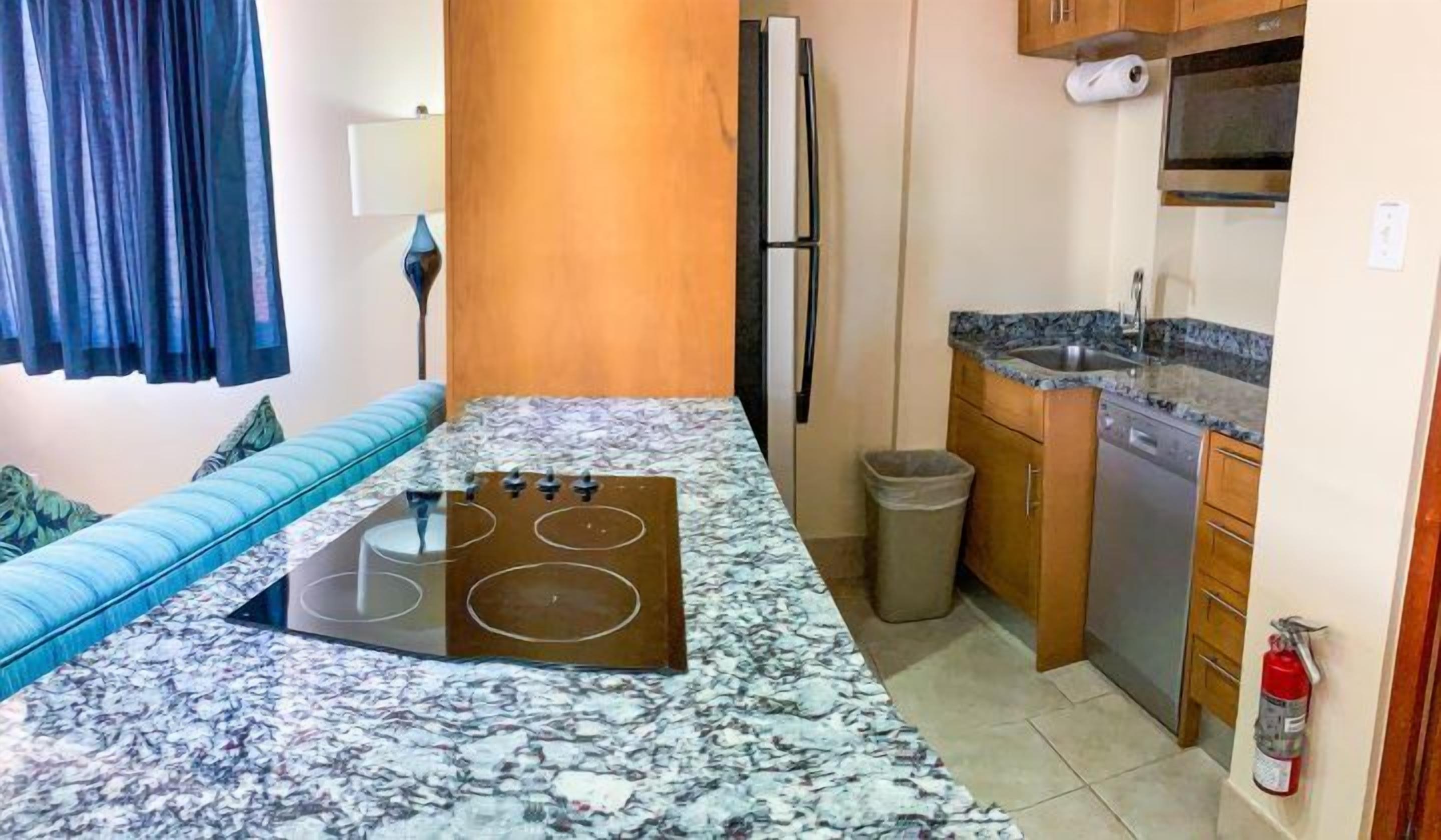 A compact kitchen with a stove, sink, and dishwasher, a blue sofa, and a wooden accent wall.
