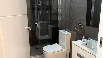 A modern bathroom with a glass-enclosed shower, a toilet, and a sink with a mirror.