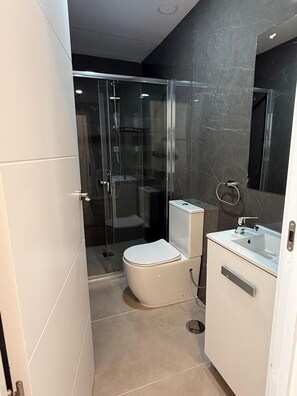 A modern bathroom with a glass-enclosed shower, a toilet, and a sink with a mirror.